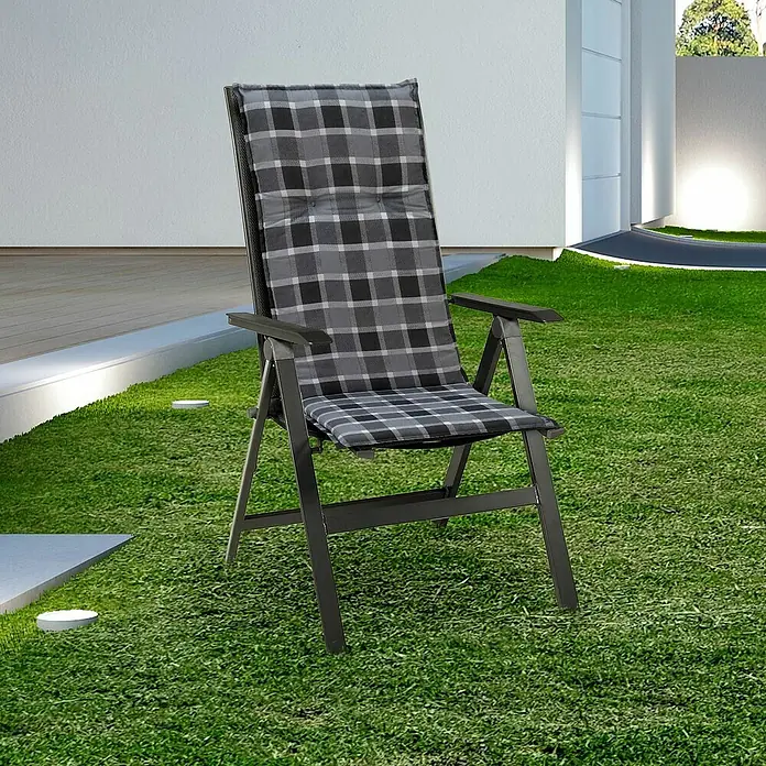 beo Gartenmöbel-Auflage Belgrad - Hochlehner, 6 Stk., L x B x H: 118 x 50 x 6 cm, Baumwolle, Polyester, Grau - Gartensessel mit karierter Polsterung im Freien.