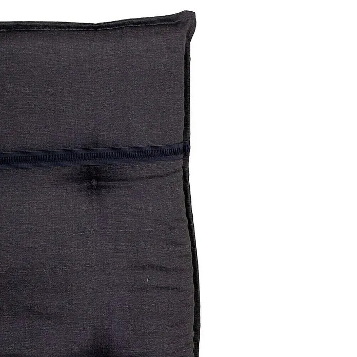 Gartenmöbel-Auflage Belsh - Niederlehner, 6 Stk., L x B x H: 118 x 50 x 6 cm, Baumwolle, Polyester, Anthrazit - Nahaufnahme eines grauen Sitzkissens mit Knopf und elastischem Band, ideal für Sitzmöbel im Innen- und Außenbereich.