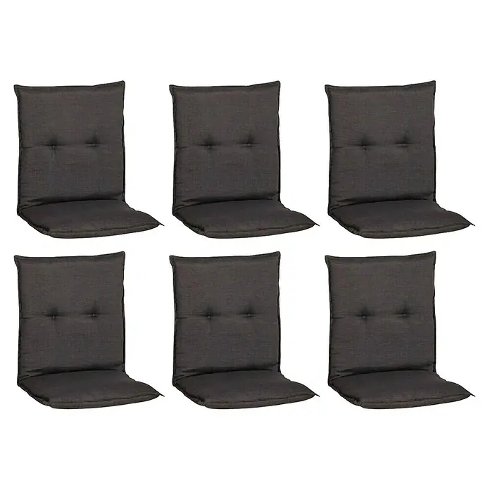 Gartenmöbel-Auflage Belsh - Niederlehner, 6 Stk., L x B x H: 118 x 50 x 6 cm, Baumwolle, Polyester, Anthrazit - Sechs graue Stuhlkissen mit Knöpfen darauf, die zum Sitzen auf Stühlen oder Bänken gedacht sind.