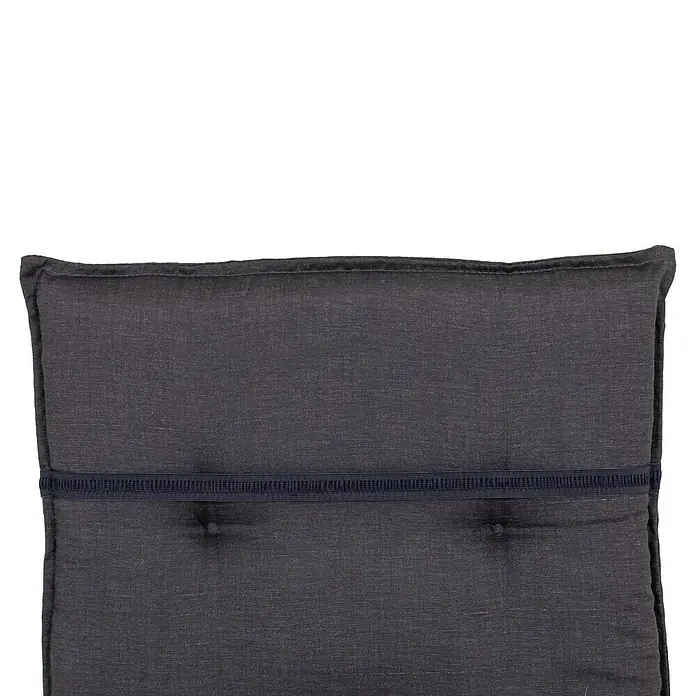 Gartenmöbel-Auflage Belsh - Niederlehner, 6 Stk., L x B x H: 118 x 50 x 6 cm, Baumwolle, Polyester, Anthrazit - Nahaufnahme eines dunkelgrauen Sitzkissens mit Knopfdetails und dunkelblauem Gummiband zur Befestigung.