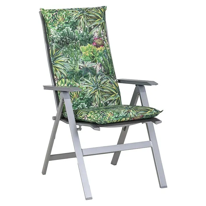 beo Gartenmöbel-Auflage Tegernsee - Hochlehner, 4 Stk., L x B x H: 191 x 58 x 8 cm, Baumwolle, Polyester, Grün - Gartenstuhl mit einem Kissen mit Pflanzenmuster. Der Stuhl hat ein graues Gestell und ist zusammenklappbar für eine einfache Lagerung.