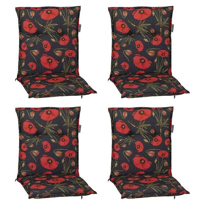 beo Gartenmöbel-Auflage Trondheim - Niederlehner, 4 Stk., L x B x H: 98 x 46 x 8 cm, Baumwolle, Polyester, Schwarz/Rot - Vier Gartenstuhlauflagen mit Mohnblumenmuster, ideal für Komfort und Stil im Außenbereich.
