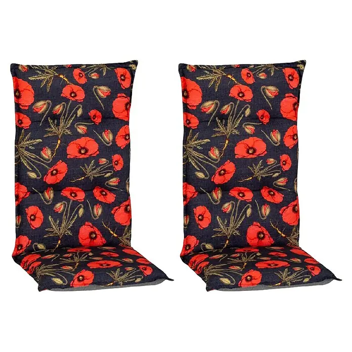 beo Gartenmöbel-Auflage Trondheim - Hochlehner, 2 Stk., L x B x H: 118 x 46 x 8 cm, Baumwolle, Polyester, Schwarz/Rot - Zwei gepolsterte Stuhlkissen mit Mohnblumenmuster, ideal für Gartenmöbel und zur Erhöhung des Sitzkomforts im Aussenbereich.