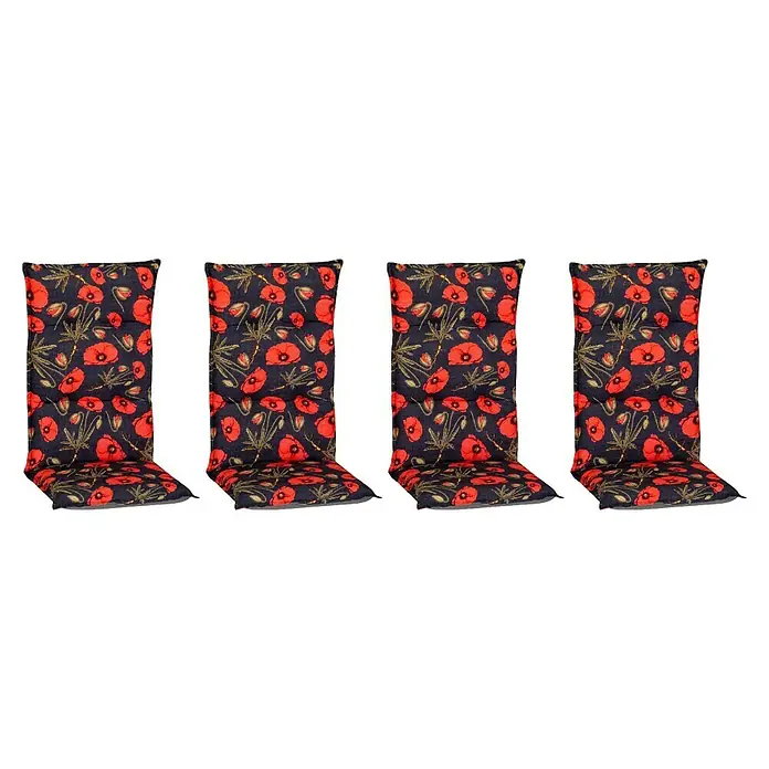 beo Gartenmöbel-Auflage Trondheim - Hochlehner, 4 Stk., L x B x H: 118 x 46 x 8 cm, Baumwolle, Polyester, Schwarz/Rot - Vier dekorative Stuhlkissen mit Mohnblumenmuster in Rot und Schwarz, ideal für Gartenmöbel und zur stilvollen Aufwertung des Außenbereichs.