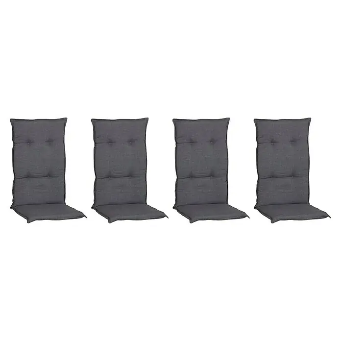 beo Gartenmöbel-Auflage Belsh - Hochlehner, 4 Stk., L x B x H: 118 x 50 x 6 cm, Baumwolle, Polyester, Grau - Diese Abbildung zeigt vier graue Stuhlkissen mit Knopfdetails, die ideal sind, um Ihren Gartenmöbeln Komfort und Stil zu verleihen.
