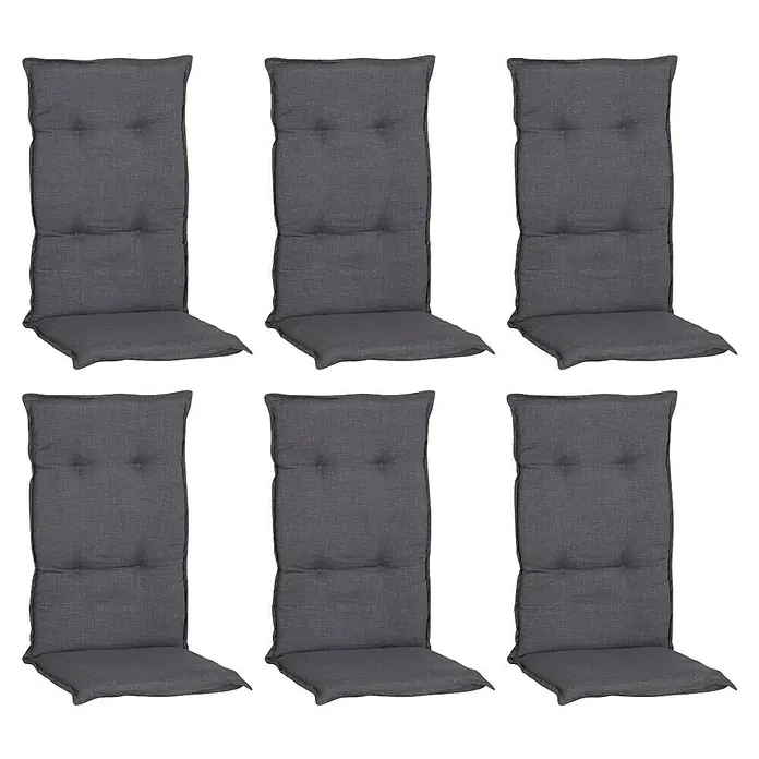 beo Gartenmöbel-Auflage Belsh - Hochlehner, 6 Stk., L x B x H: 118 x 50 x 6 cm, Baumwolle, Polyester, Grau - Sechs graue Gartenstuhlauflagen mit gestepptem Design, ideal für zusätzlichen Komfort und Stil im Außenbereich.
