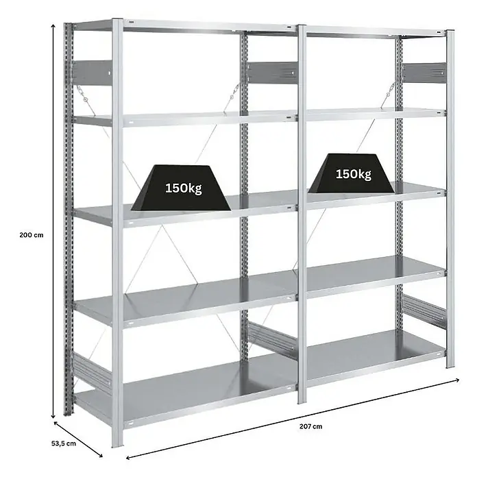 Proregal Metallregal SILVER MAMBA - H x B x T: 200 x 200 x 50 cm, Traglast pro Boden: 150 kg, Anzahl Böden: 5 Stk., Stecken, Verzinkt