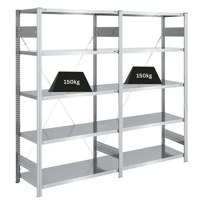 Proregal Metallregal SILVER MAMBA - H x B x T: 200 x 200 x 50 cm, Traglast pro Boden: 150 kg, Anzahl Böden: 5 Stk., Stecken, Verzinkt