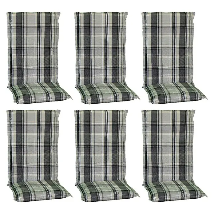beo Gartenmöbel-Auflage D800 - Hochlehner, 6 Stk., L x B x H: 120 x 48 x 8 cm, Dralon, Polyester, Grau/Hellgrün - Bild von sechs karierten Stuhlkissen. Bequeme, stilvolle Accessoires für mehr Sitzkomfort und ein ansprechendes Ambiente.
