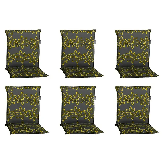 beo Gartenmöbel-Auflage Bonn - Niederlehner, 6 Stk., L x B x H: 118 x 50 x 6 cm, Baumwolle, Polyester, Grün/Gelb - Sechs graue Stuhlkissen mit gelben Blumenmuster. Perfekt für den Garten und die Terrasse und bieten bequemen Sitzkomfort.