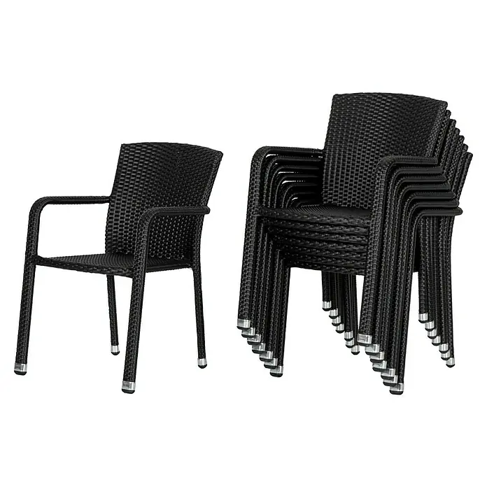Acamp Stapelsessel Carlos - 8 Stk., Aluminium, Kunststoff, Stapelbar, Schwarz, B x T x H: 57 x 64 x 84 cm - Schwarze Rattanstühle, einer einzeln und ein Stapel, zeigen modernes Design und platzsparende Lagerung. Ideal für stilvolle Außenbereiche.