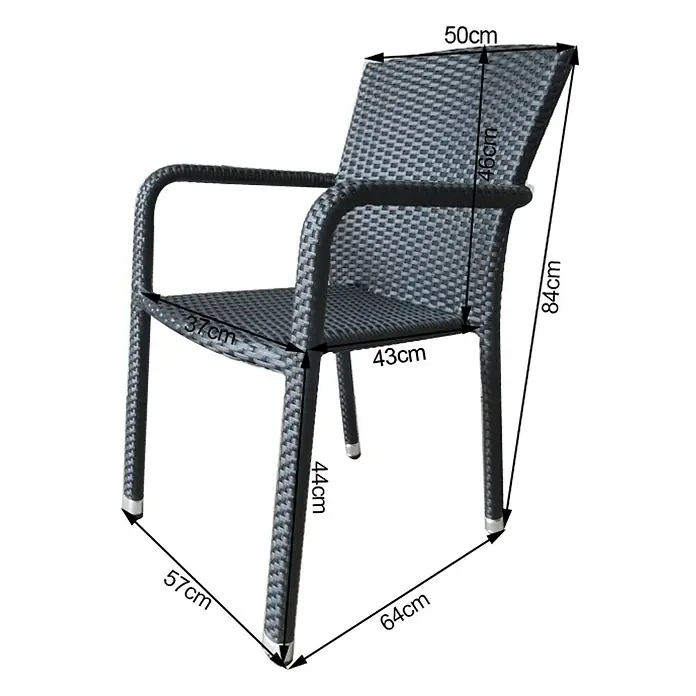 Acamp Stapelsessel Carlos - 8 Stk., Aluminium, Kunststoff, Stapelbar, Schwarz, B x T x H: 57 x 64 x 84 cm - Bild einer Rattan-Gartenstuhl mit Armlehnen und Maßangaben.