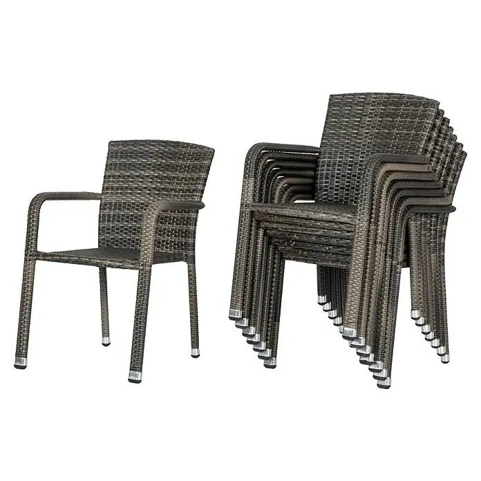 Acamp Stapelsessel Carlos - 8 Stk., Aluminium, Kunststoff, Stapelbar, Grau meliert, B x T x H: 57 x 64 x 84 cm - Einzelner Korbstuhl und ein Stapel ähnlicher Stühle. Ideal für Terrasse oder Garten, robust und stilvoll.