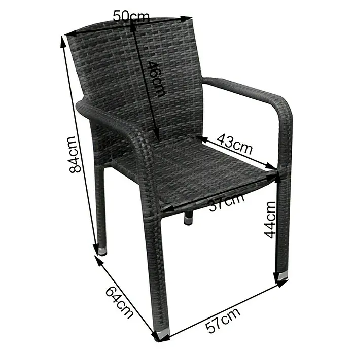 Acamp Stapelsessel Carlos - 8 Stk., Aluminium, Kunststoff, Stapelbar, Grau meliert, B x T x H: 57 x 64 x 84 cm - Abbildung eines Korbstuhls mit Maßangaben. Ideal für Garten oder Terrasse, robust und wetterfest.
