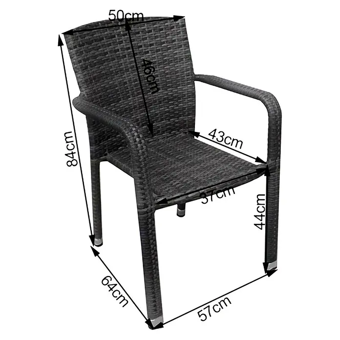 Acamp Stapelsessel Carlos - 8 Stk., Aluminium, Kunststoff, Stapelbar, Grau meliert, B x T x H: 57 x 64 x 84 cm - Abbildung eines Korbstuhls mit Maßangaben. Ideal für Garten oder Terrasse, robust und wetterfest.