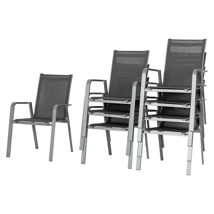 Acamp Stapelsessel Urban - 8 Stk., Aluminium, Acatex, Anthrazit/Silber, B x T x H: 62 x 69 x 97 cm - Ein Stapel grauer Outdoor-Stühle aus Aluminium und Textilgeflecht. Die Stühle sind platzsparend gestapelt.