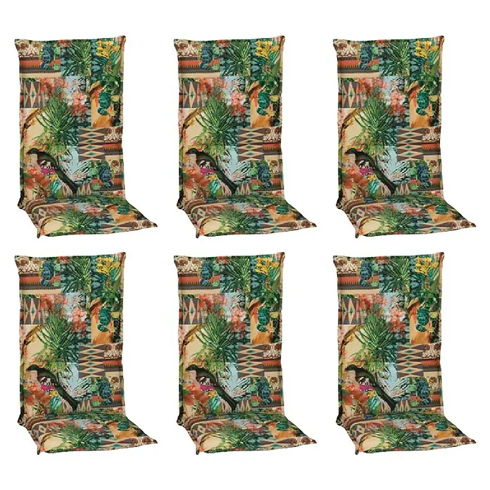 beo Gartenmöbel-Auflage Texas - Hochlehner, 6 Stk., L x B x H: 118 x 46 x 8 cm, Baumwolle, Polyester, Grün/Gelb/Schwarz - Das Bild zeigt sechs bedruckte Stuhlkissen mit einem tropischen Design, ideal für eine farbenfrohe und gemütliche Atmosphäre im Essbereich.