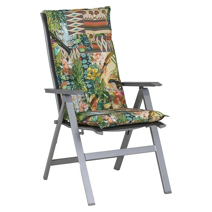 beo Gartenmöbel-Auflage Texas - Hochlehner, 6 Stk., L x B x H: 118 x 46 x 8 cm, Baumwolle, Polyester, Grün/Gelb/Schwarz - Hochlehner-Gartenstuhl mit auffälligem Dschungel-Muster für entspannte Stunden im Freien. Bequemer Sitzkomfort inklusive.