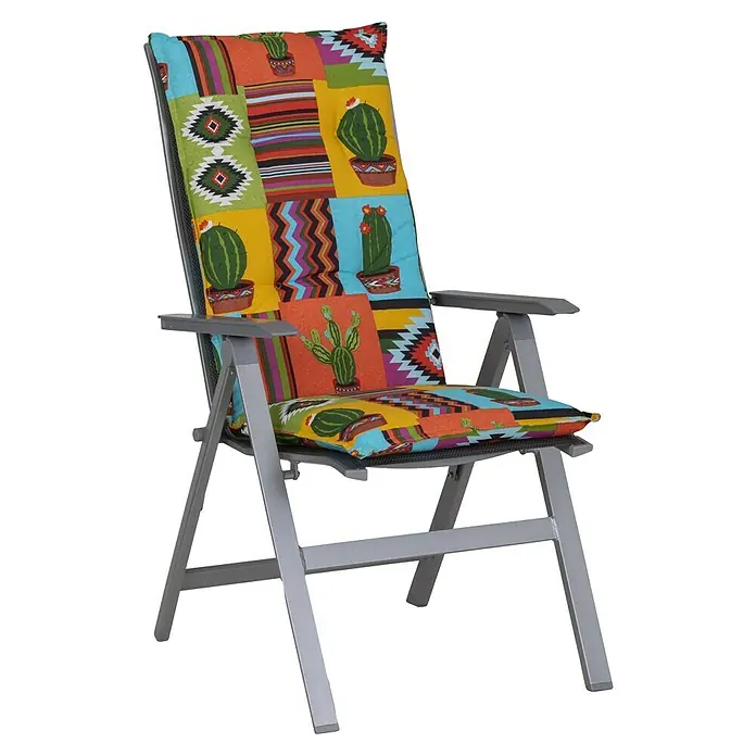 beo Gartenmöbel-Auflage Tijuana - Hochlehner, 2 Stk., L x B x H: 118 x 46 x 8 cm, Baumwolle, Polyester, Orange/Grün - Ein farbenfroher Gartenstuhl mit einem Kaktusmuster-Kissen, ideal für entspannte Stunden im Freien und ein echter Blickfang.