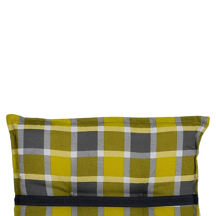 beo Gartenmöbel-Auflage Bratislava - Hochlehner, 6 Stk., L x B x H: 118 x 50 x 6 cm, Baumwolle, Polyester, Grau/Gelb - Gelb-grau kariertes Kissen mit dunklem Riemen. Ein stilvolles Akzent für jedes Zuhause.