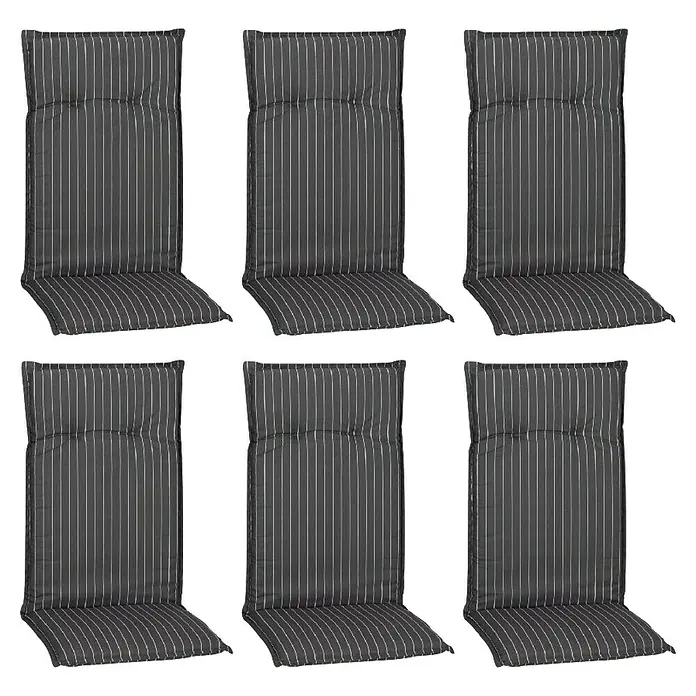beo Gartenmöbel-Auflage Belm - Hochlehner, 6 Stk., L x B x H: 118 x 50 x 6 cm, Baumwolle, Polyester, Grau/Weiß - Ein Set aus sechs gestreiften Stuhlkissen mit hohen Rückenlehnen, ideal für Gartenmöbel und Terrassenstühle. Die Kissen bieten Komfort und Stil für den Außenbereich.