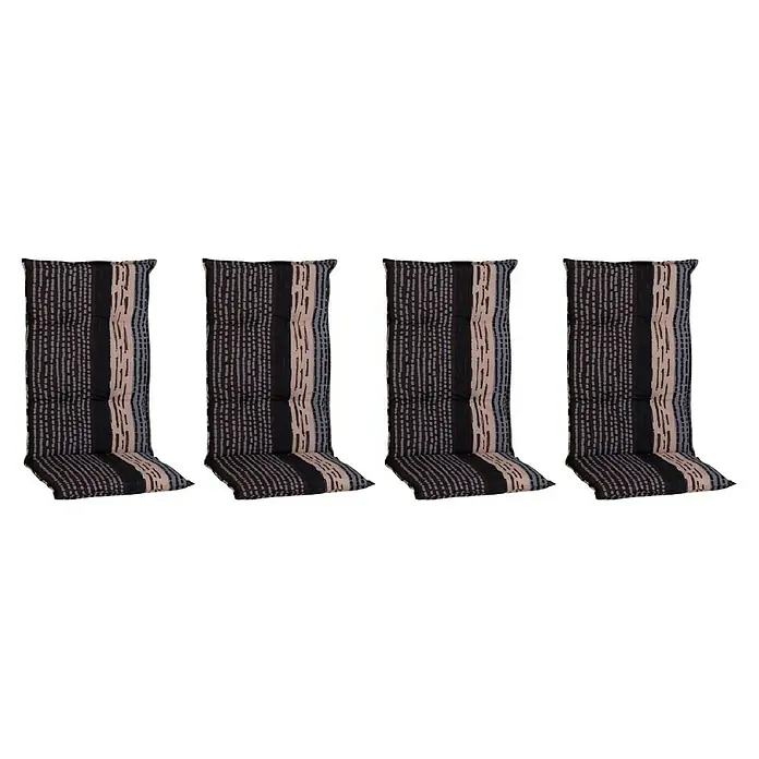 beo Gartenmöbel-Auflage Bengui - Hochlehner, 4 Stk., L x B x H: 118 x 50 x 6 cm, Grau/Braun - Hier sind vier gestreifte Stuhlkissen in Schwarz-, Beige- und Grautönen, die Komfort und Stil für Ihre Sitzgelegenheiten bieten.