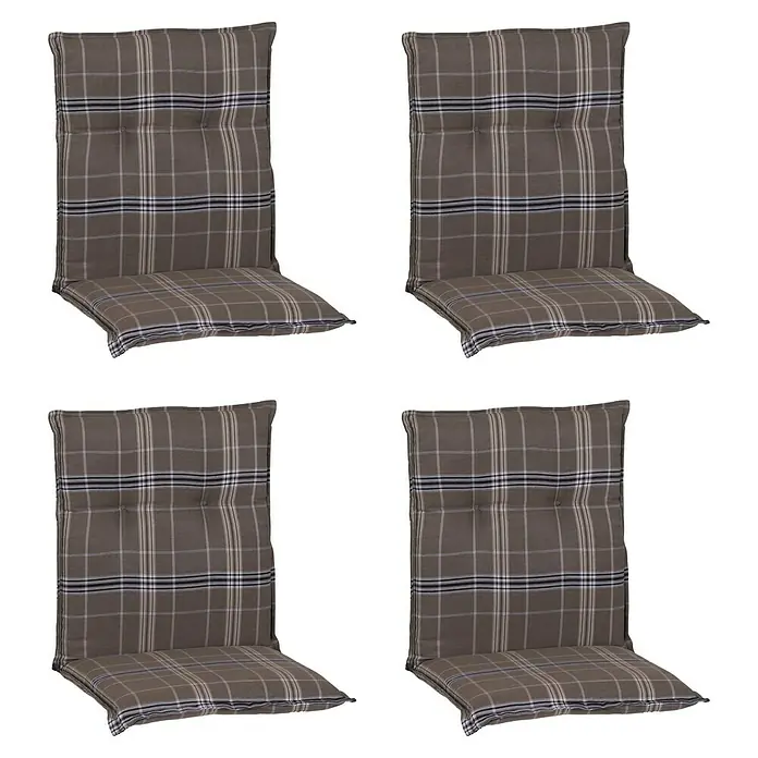 beo Gartenmöbel-Auflage Brilon - Niederlehner, 4 Stk., L x B x H: 98 x 46 x 8 cm, Baumwolle, Polyester, Braun/Schwarz - Dieses Bild zeigt vier karierte Stuhlkissen in Braun-, Schwarz- und Weißtönen, die sich ideal für den Einsatz im Freien eignen.