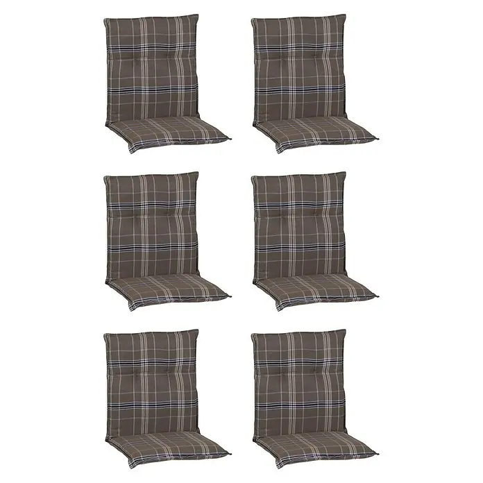 beo Gartenmöbel-Auflage Brilon - Niederlehner, 6 Stk., L x B x H: 98 x 46 x 8 cm, Baumwolle, Polyester, Braun/Schwarz - Sechs graue Gartenstuhlauflagen mit Karomuster für bequemes Sitzen im Freien.