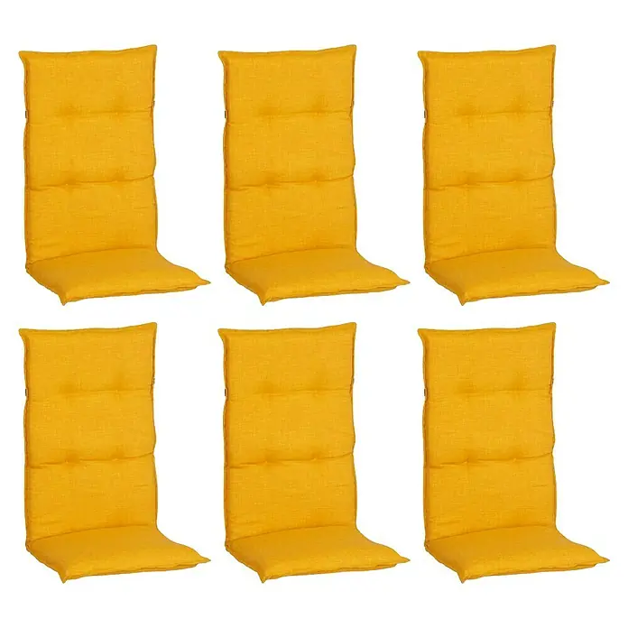 beo Gartenmöbel-Auflage Brovine - Hochlehner, 6 Stk., L x B x H: 118 x 50 x 6 cm, Baumwolle, Polyester, Gelb - Sechs gelbe, gesteppte Stuhlkissen mit hoher Rückenlehne. Ideal für Gartenmöbel, bieten sie Komfort und Stil für den Außenbereich.
