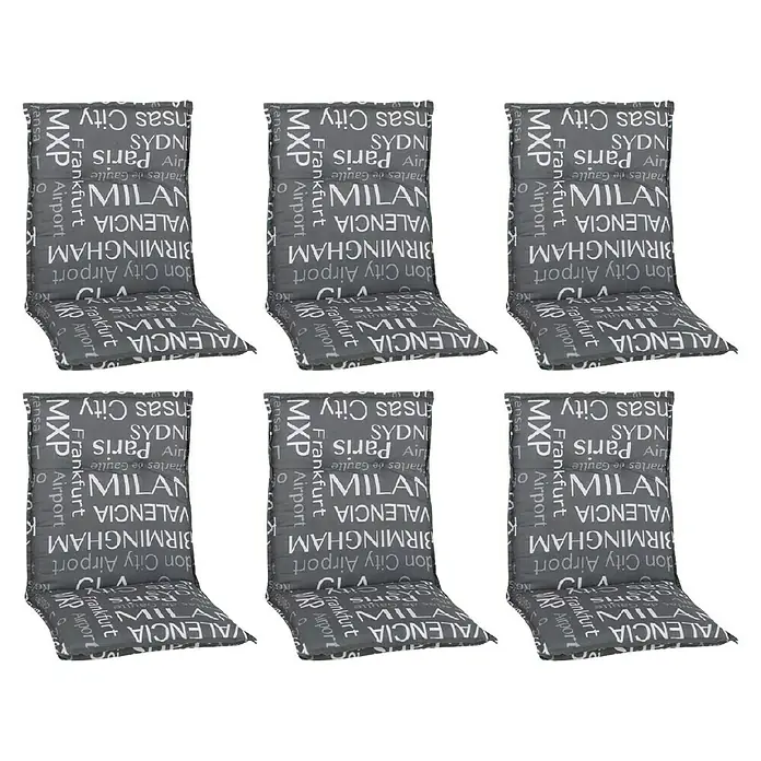 beo Gartenmöbel-Auflage Bellona - Niederlehner, 6 Stk., L x B x H: 118 x 50 x 6 cm, Baumwolle, Polyester, Grau/Weiß - Stuhlkissen mit grauem Hintergrund und Aufdrucken von Städtenamen, die eine bequeme und stilvolle Sitzgelegenheit bieten.