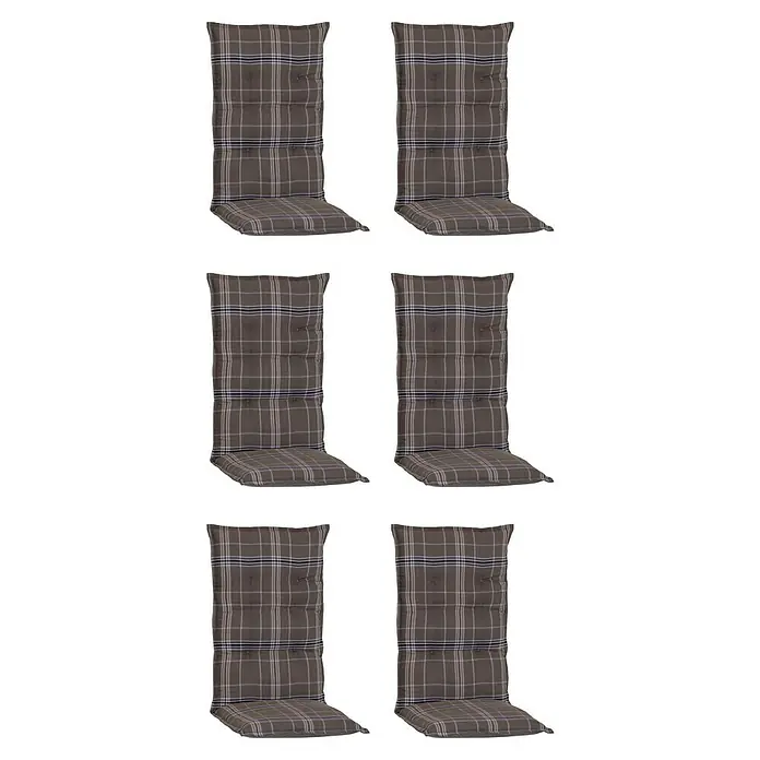 beo Gartenmöbel-Auflage Brilon - Hochlehner, 6 Stk., Baumwolle, Polyester, Braun - Abgebildet sind sechs gepolsterte Stuhlkissen mit braunem Karomuster, ideal für Gartenmöbel und zur Erhöhung des Sitzkomforts im Freien.
