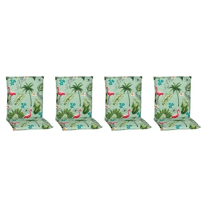 beo Gartenmöbel-Auflage - Niederlehner, 4 Stk., L x B x H: 100 x 48 x 5 cm, Baumwolle, Polyester, Turkis - Vier Gartenstuhlauflagen mit tropischem Flamingo-Muster in frischem Grün, ideal für lebendige Outdoor-Bereiche und bequemes Sitzen.