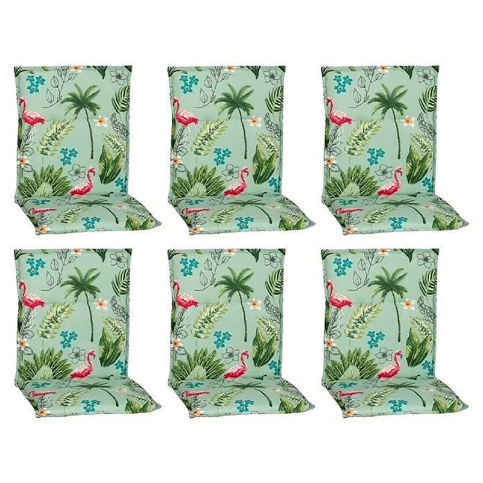 beo Gartenmöbel-Auflage - Niederlehner, 6 Stk., L x B x H: 100 x 48 x 5 cm, Baumwolle, Polyester, Turkis - Abgebildet sind sechs Stuhlkissen mit einem tropischen Flamingo-Muster auf einem erfrischenden, hellgrünen Hintergrund.