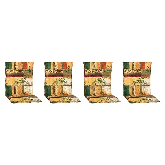 beo Gartenmöbel-Auflage Glasgow - Hochlehner, 4 Stk., L x B x H: 100 x 48 x 5 cm, Baumwolle, Poylester, Gelb/Grün - Das Bild zeigt vier dekorative Esszimmerstuhlpolster mit einem bunten Patchwork-Design. Perfekt, um jedem Essbereich einen Hauch von Farbe zu verleihen.