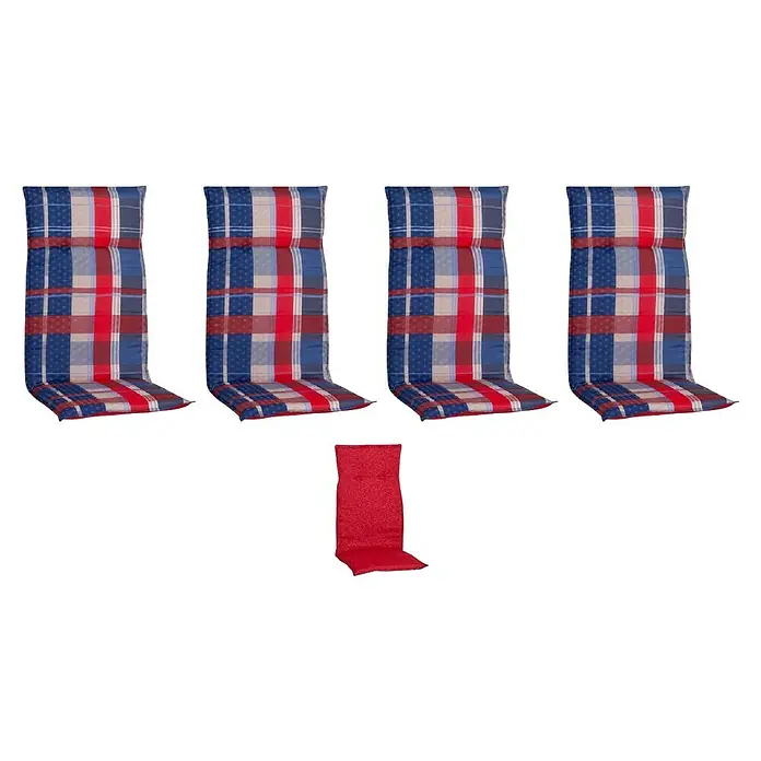 beo Gartenmöbel-Auflage Gera - Hochlehner, 4 Stk., L x B x H: 120 x 48 x 5 cm, Baumwolle, Polyester, Blau/Rot - Diese Aufnahme zeigt fünf Gartenstuhlauflagen, vier davon im Karo-Muster und eine in Rot. Perfekt, um Ihre Gartenmöbel aufzuwerten.