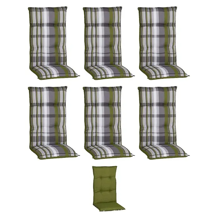 beo Gartenmöbel-Auflage Tirana - Hochlehner, 6 Stk., L x B x H: 118 x 46 x 8 cm, Baumwolle, Polyester, Grün/Braun - Abbildung von sieben gestreiften Gartenstuhlauflagen in Grau, Weiß und Grün, die Komfort und Stil für den Außenbereich bieten.
