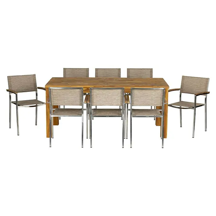 Acamp Gartenmöbel-Set Skye/Old Java - 9 -tlg., Aluminium, Akazie, Beige - Bild eines Gartentisches mit passenden Stühlen. Das Set besteht aus Holz und Chrom. Für den Garten oder die Terrasse.