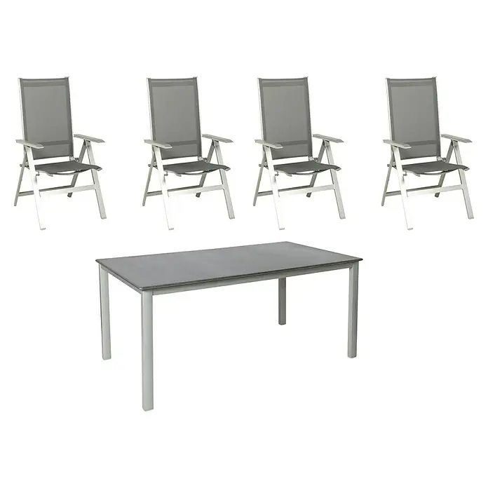 Acamp Gartenmöbel-Set Urban/Acaplan Loft - 5 -tlg., Aluminium, Textil, Klappbar, Anthrazit - Vier graue Gartensessel und ein grauer Gartentisch mit weißem Gestell sind in diesem Bild zu sehen, perfekt für den Außenbereich.