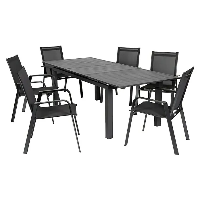 Acamp Stapelsessel Urban/Chicago - 6 Stk., Aluminium, Anthrazit - Ein stilvolles Gartenmöbelset mit einem Esstisch und sechs passenden Stühlen für den Außenbereich. Ideal für Mahlzeiten im Freien.