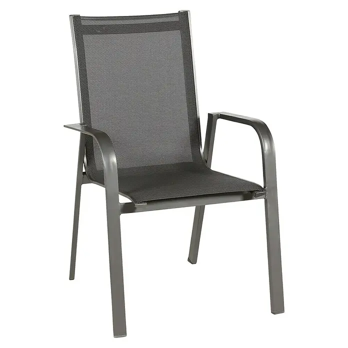 Acamp Stapelsessel Urban/Chicago - 6 Stk., Aluminium, Anthrazit - Eine Nahaufnahme eines grauen Sessels mit Armlehnen und Netzgewebe, ideal für den Außenbereich, der Komfort und Stil vereint.