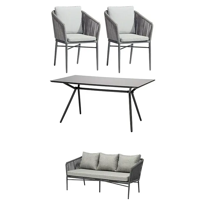 Acamp Gartenmöbel-Set Manhattan/Alpha - 4 -tlg., Aluminium, Polyester, Grau - Gartenmöbel-Set mit zwei Stühlen mit Armlehnen, Tisch und Couch mit drei Kissen. Moderne Gartengarnitur für den Außenbereich.