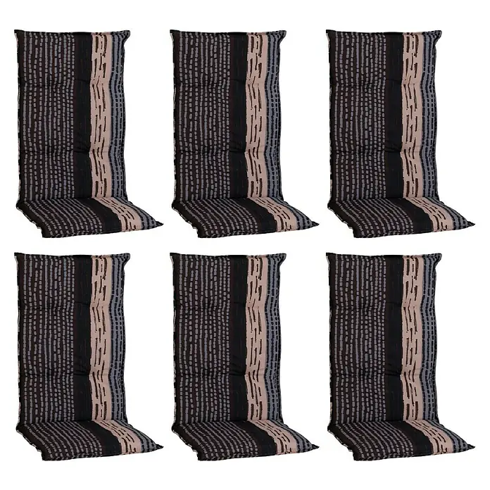 beo Gartenmöbel-Auflage Bengui - Hochlehner, 6 Stk., L x B x H: 118 x 50 x 6 cm, Grau/Braun - Sechs gestreifte, gepolsterte Gartenstuhlauflagen mit hoher Rückenlehne sind für mehr Komfort und Stil im Freien konzipiert.