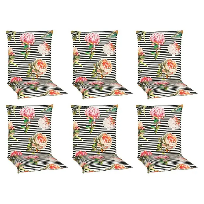 beo Gartenmöbel-Auflage Toronto - Niederlehner, 6 Stk., L x B x H: 98 x 46 x 8 cm, Baumwolle, Polyester, Schwarz/Rosa - Bild von sechs floralen Stuhlkissen mit schwarz-weißen Streifen. Diese Stuhlkissen verleihen jedem Essbereich einen Hauch von Stil.