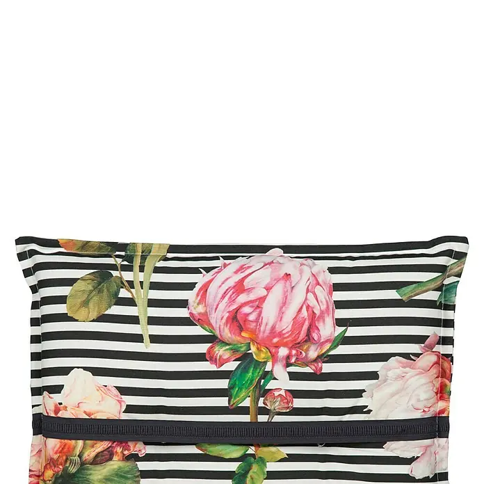 beo Gartenmöbel-Auflage Toronto - Niederlehner, 6 Stk., L x B x H: 98 x 46 x 8 cm, Baumwolle, Polyester, Schwarz/Rosa - Eine Kosmetiktasche mit floralem Muster und schwarzen Streifen. Perfekt, um Make-up und andere kleine Gegenstände stilvoll zu verstauen.