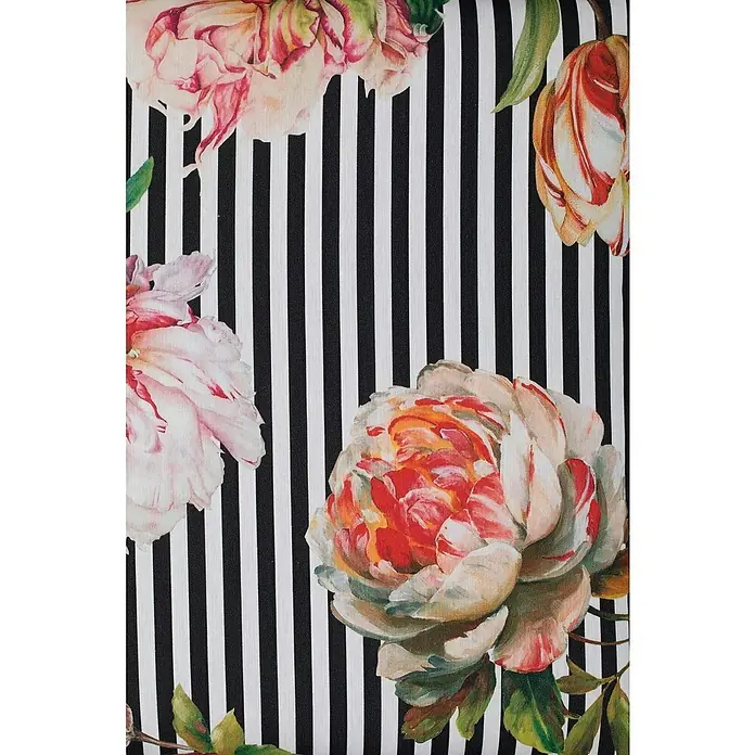 beo Gartenmöbel-Auflage Toronto - Hochlehner, 6 Stk., L x B x H: 118 x 46 x 8 cm, Baumwolle, Polyester, Schwarz/Rosa/Weiß - Blumenmuster auf einem Stoff mit schwarzen und weißen Streifen. Elegantes Design für Kleidung oder Heimtextilien mit floralen Akzenten.