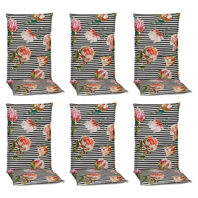 beo Gartenmöbel-Auflage Toronto - Hochlehner, 6 Stk., L x B x H: 118 x 46 x 8 cm, Baumwolle, Polyester, Schwarz/Rosa/Weiß - Sechs dekorative Sitzkissen mit Blumenmuster und Streifen für Stühle, ideal für Garten und Terrasse.