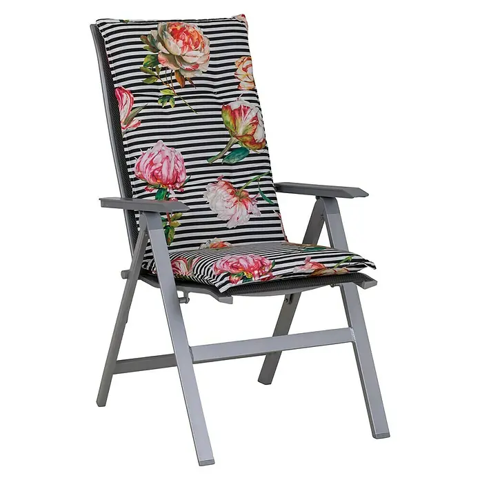 beo Gartenmöbel-Auflage Toronto - Hochlehner, 6 Stk., L x B x H: 118 x 46 x 8 cm, Baumwolle, Polyester, Schwarz/Rosa/Weiß - Bequemer Gartenstuhl mit floralem Muster und Streifen. Die ideale Sitzgelegenheit für entspannte Stunden im Freien.