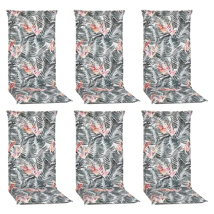 beo Gartenmöbel-Auflage Tamky - Hochlehner, 6 Stk., L x B x H: 118 x 46 x 8 cm, Grün/Rosa - Abbildung von sechs Stuhlkissen mit tropischem Blättermuster, ideal für Gartenmöbel oder Terrassenbestuhlung, die Komfort und Stil vereinen.