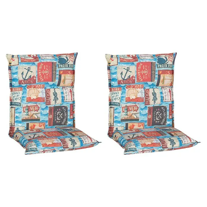 beo Gartenmöbel-Auflage Togo - Niederlehner, 2 Stk., L x B x H: 98 x 46 x 8 cm, Baumwolle, Polyester, Rot/Blau - Nahaufnahme von zwei nautisch gemusterten Stuhlkissen, die Komfort und Stil für den Innenbereich bieten.