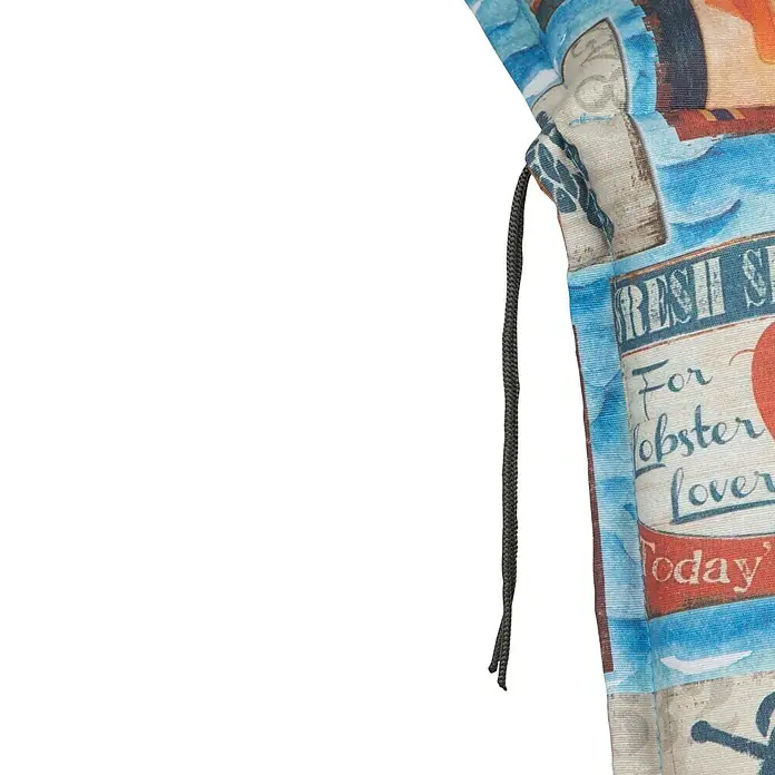 beo Gartenmöbel-Auflage Togo - Liegenauflage, 1 Stk., L x B x H: 191 x 58 x 8 cm, Baumwolle, Polyester, Blau/Rot/Grau - Detailaufnahme einer Strandkorb-Abdeckung mit einem maritimen "Fresh Seafood"-Motiv, ideal für Liebhaber von Küstenatmosphäre und maritimer Dekoration.